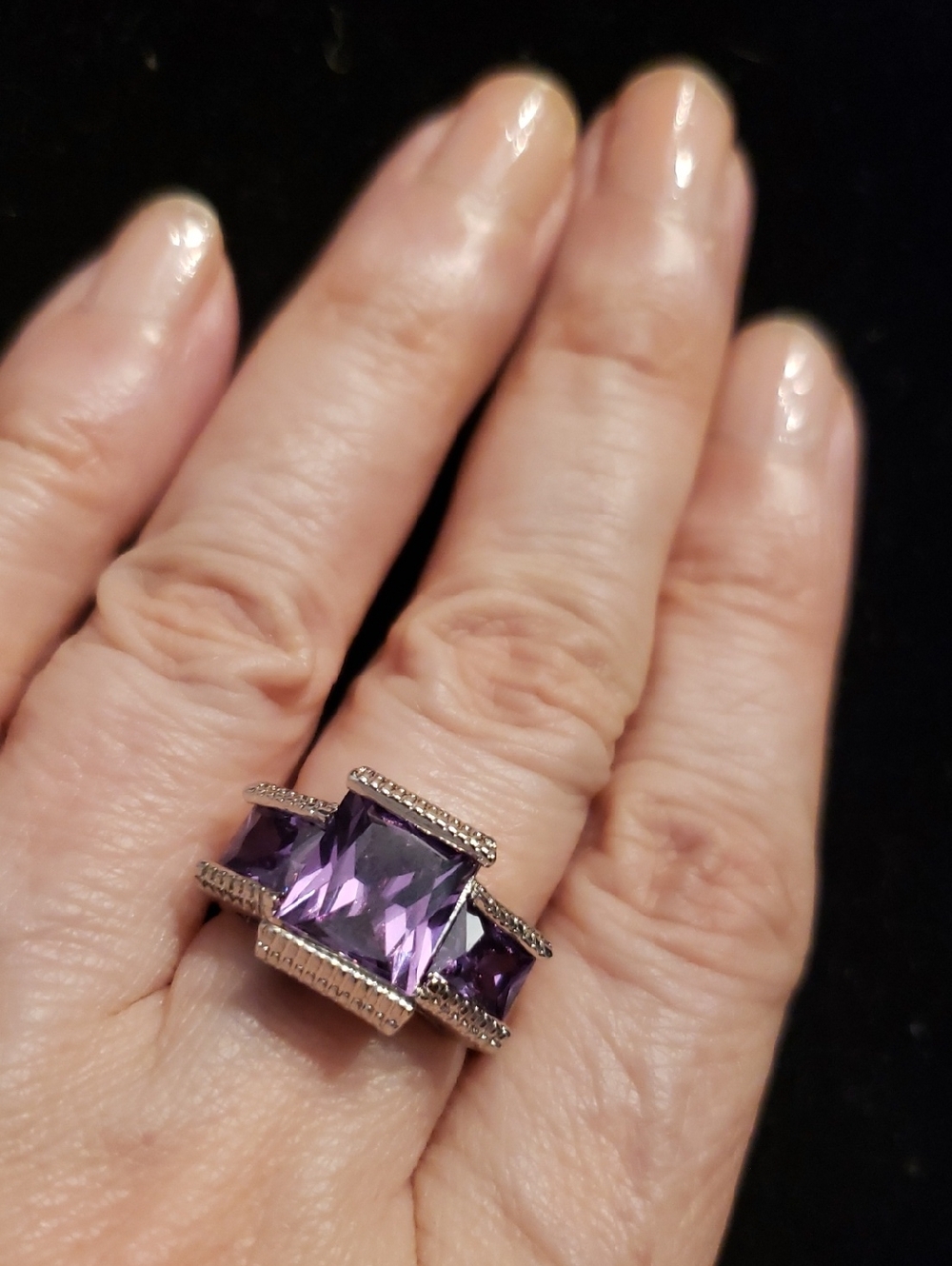 NEW AMETHYST (Fashion)STERLING Stamped Ring, Modern Design, 3 LG. Faceted Stones